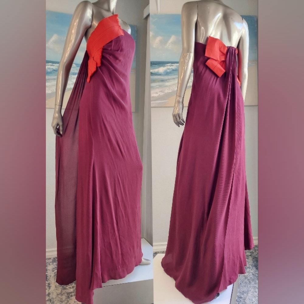 $5,200 CAROLINA HERRERA PURPLE RED COLORBLOCK BOW SILK GOWN US 12